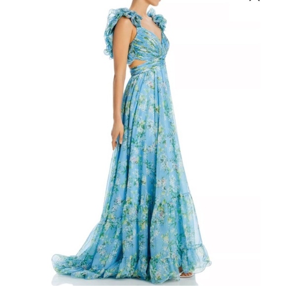 Mac Duggal Dresses & Skirts - Mac Duggal Blue Ruffled Floral Lace Up Back Dress Gown Ruffle Size 2